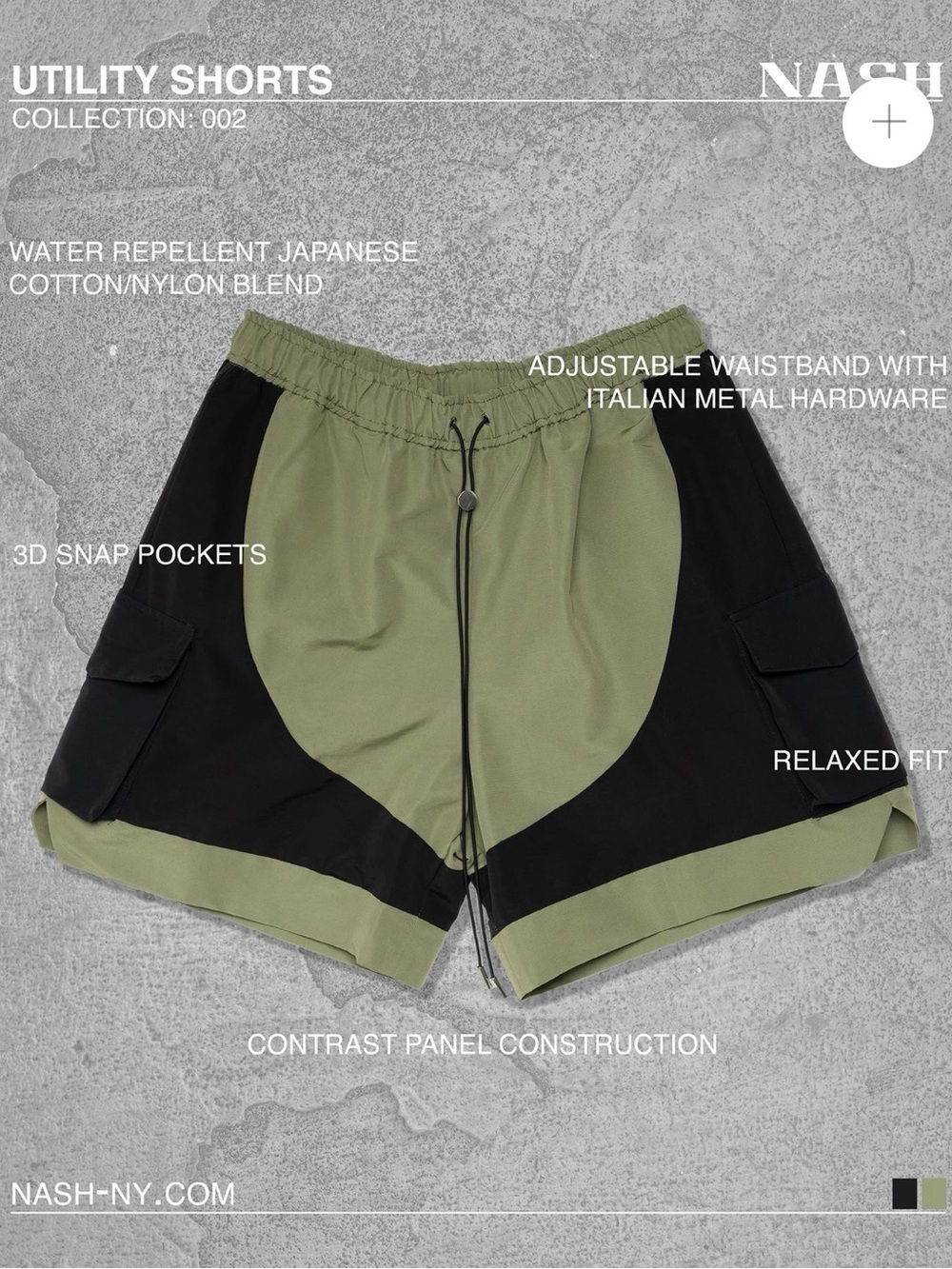 $295 Nash Utility Contrast Panel Men’s Shorts — Olive & Black XXL